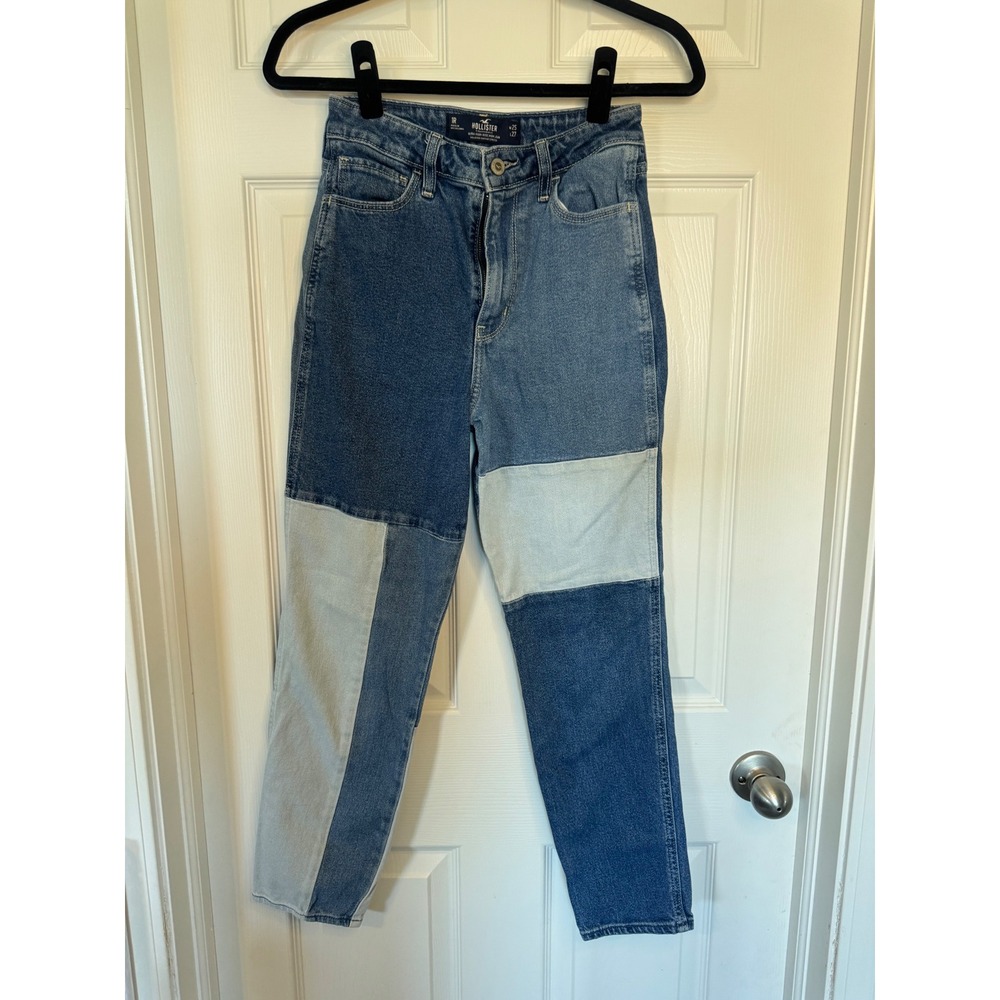 Hollister Ultra High-Rise Mom Jeans Patchwork Colorblock Blue Denim W25 L27 1R